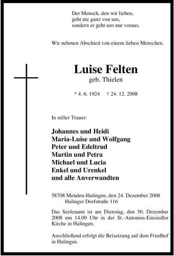 Traueranzeige von Luise Felten von Tageszeitung