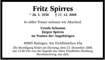 Traueranzeige von Fritz Spirres von Tageszeitung