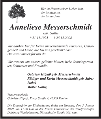 Traueranzeige von Anneliese Messerschmidt von Tageszeitung