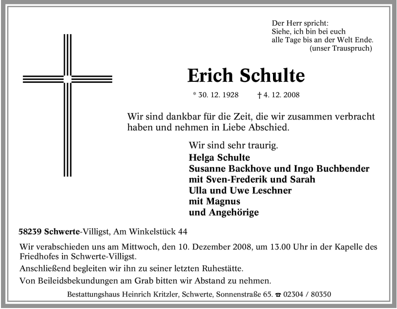 Traueranzeige für Erich Schulte vom 06.12.2008 aus Tageszeitung
