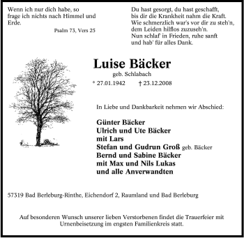 Traueranzeige von Luise Bäcker von Tageszeitung