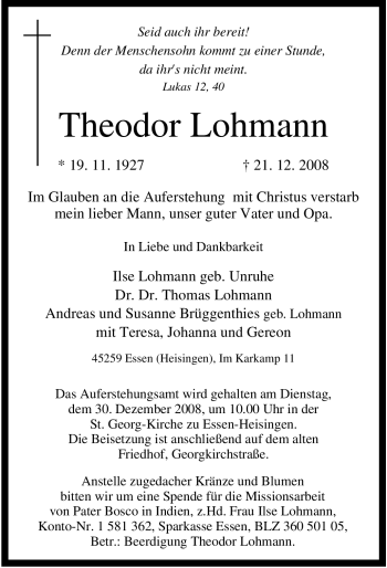 Traueranzeige von Theodor Lohmann von Tageszeitung