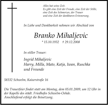 Traueranzeigen von Branko Mihaljevic | Trauer-in-NRW.de