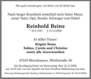 Traueranzeige von Reinhold Beine von Tageszeitung