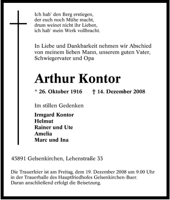 Traueranzeige von Arthur Kontor von Tageszeitung