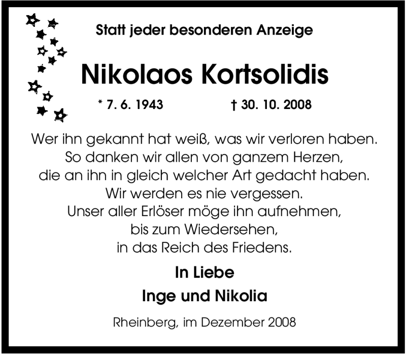  Traueranzeige für Nikolaos Kortsolidis vom 06.12.2008 aus Tageszeitung