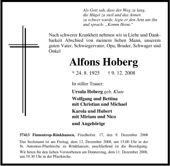 Traueranzeige von Alfons Hoberg von Tageszeitung