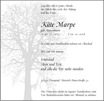 Traueranzeige von Käte Marpe von Tageszeitung