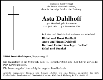 Traueranzeige von Asta Dahlhoff von Tageszeitung