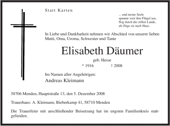 Traueranzeige von Elisabeth Däumer von Tageszeitung