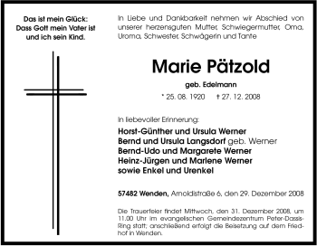 Traueranzeige von Marie Pätzold von Tageszeitung