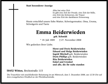 Traueranzeige von Emma Beiderwieden von Tageszeitung