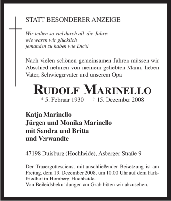 Traueranzeige von Rudolf Marinello von Tageszeitung