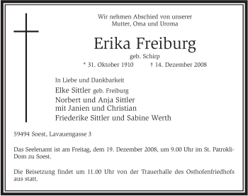 Traueranzeige von Erika Freiburg von Tageszeitung