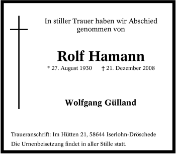 Traueranzeige von Rolf Hamann von Tageszeitung
