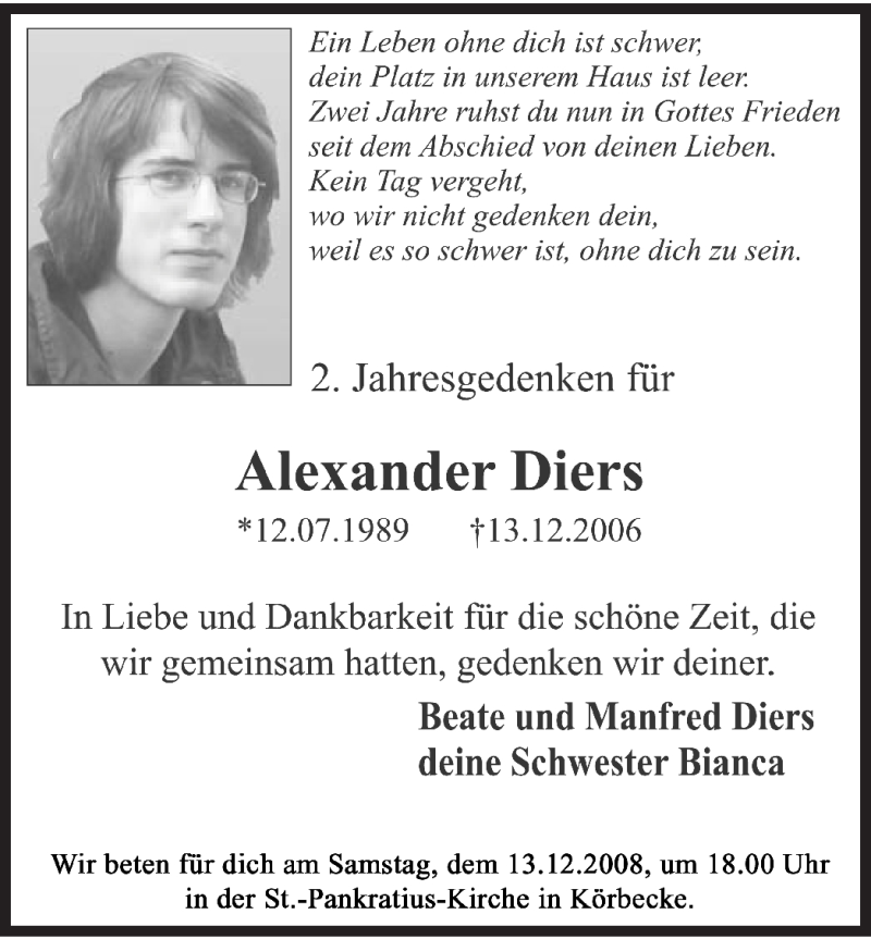  Traueranzeige für Alexander Diers vom 12.12.2008 aus Tageszeitung