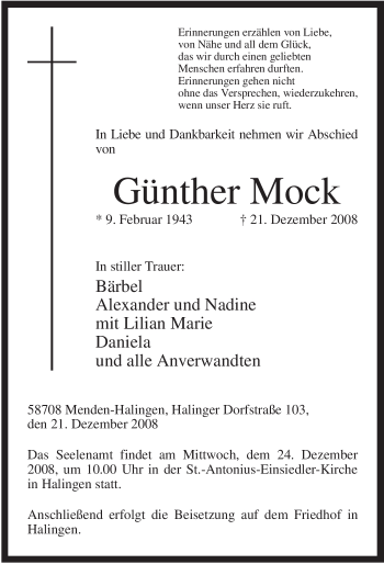 Traueranzeige von Günther Mock von Tageszeitung