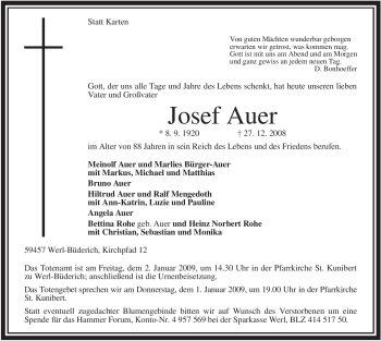 Traueranzeige von Josef Auer von Tageszeitung
