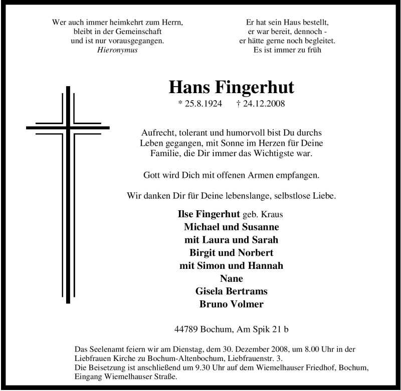  Traueranzeige für Hans Fingerhut vom 27.12.2008 aus Tageszeitung