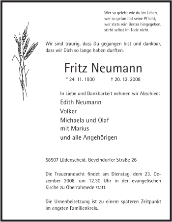 Traueranzeige von Fritz Neumann von Tageszeitung