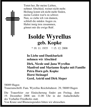 Traueranzeige von Isolde Wyrellus von Tageszeitung