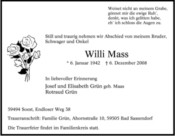 Traueranzeige von Willi Mass von Tageszeitung