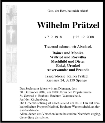 Traueranzeige von Wilhelm Prätzel von Tageszeitung