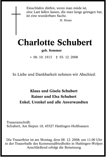 Traueranzeige von Charlotte Schubert von Tageszeitung