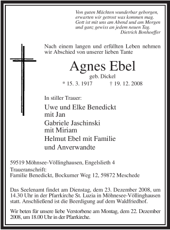 Traueranzeige von Agnes Ebel von Tageszeitung