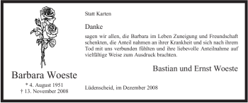 Traueranzeige von Barbara Woeste von Tageszeitung