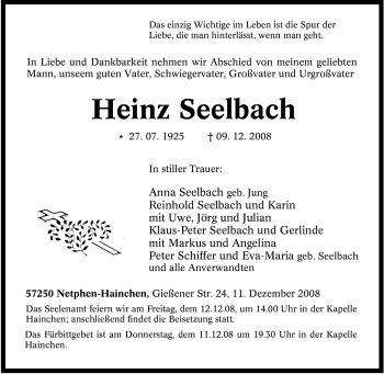 Traueranzeige von Heinz Seelbach von Tageszeitung