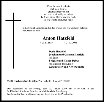 Traueranzeige von Anton Hatzfeld von Tageszeitung