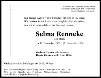 Traueranzeige von Selma Renneke von Tageszeitung