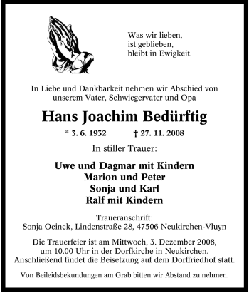 Traueranzeige von Hans Joachim Bedürftig von Tageszeitung