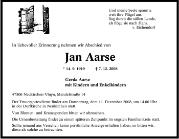 Traueranzeige von Jan Aarse von Tageszeitung