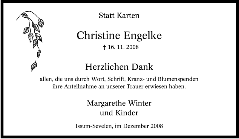  Traueranzeige für Christine Engelke vom 20.12.2008 aus Tageszeitung