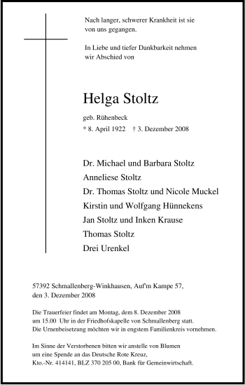 Traueranzeige von Helga Stoltz von Tageszeitung