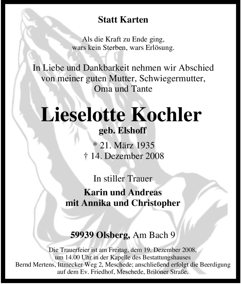 Traueranzeige für Lieselotte Kochler vom 16.12.2008 aus Tageszeitung