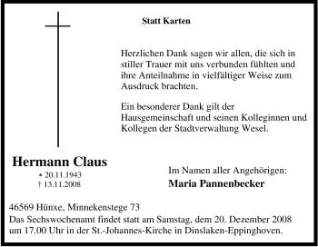 Traueranzeige von Hermann Claus von Tageszeitung