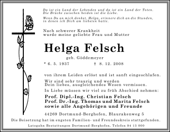 Traueranzeige von Helga Felsch von WESTDEUTSCHE ALLGEMEINE ZEITUNG