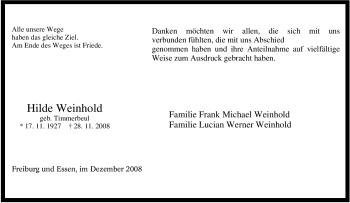 Traueranzeige von Hilde Weinhold von Tageszeitung