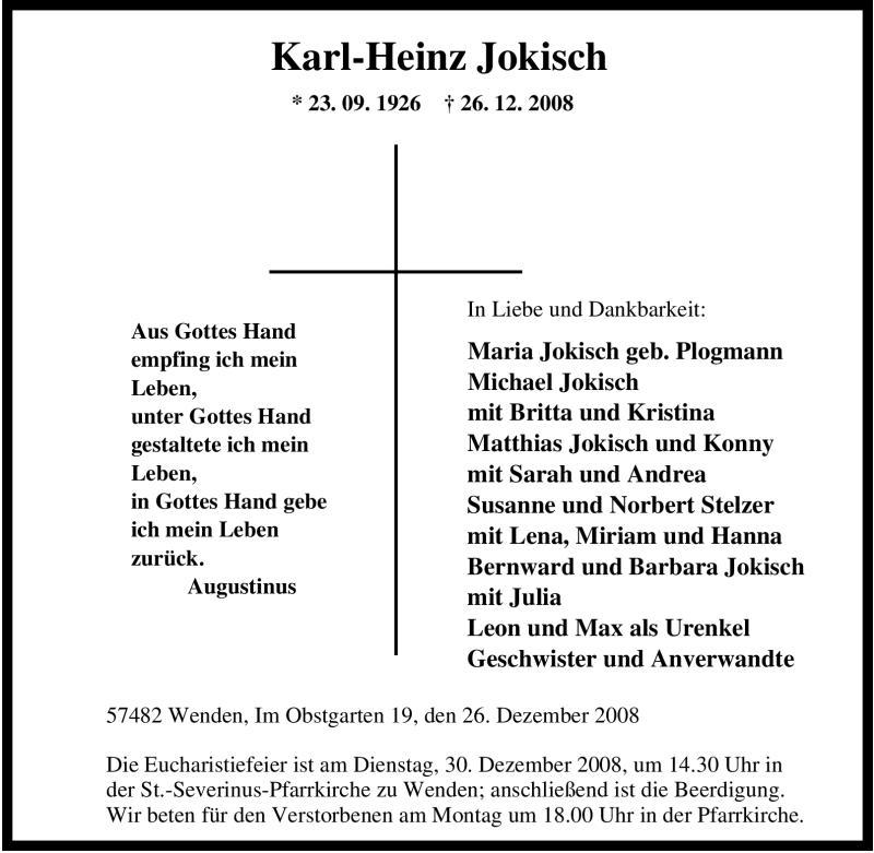  Traueranzeige für Karl-Heinz Jokisch vom 27.12.2008 aus Tageszeitung