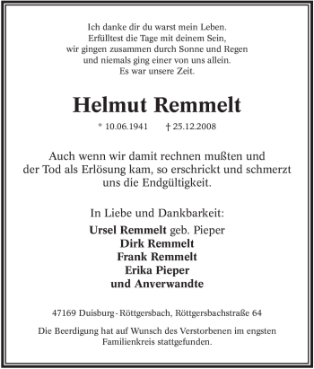 Traueranzeige von Helmut Remmelt von Tageszeitung
