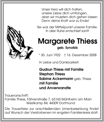Traueranzeige von Margarete Thiess von Tageszeitung