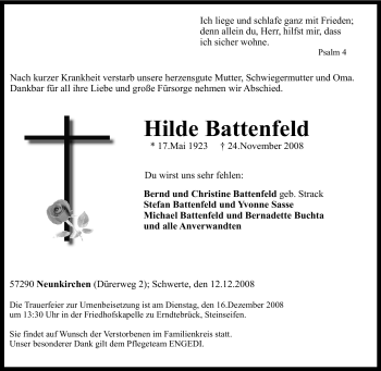 Traueranzeige von Hilde Battenfeld von Tageszeitung