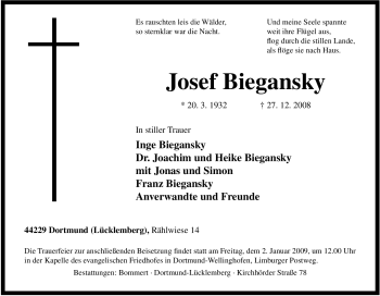 Traueranzeige von Josef Biegansky von Tageszeitung