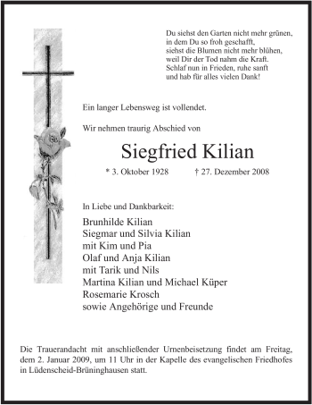 Traueranzeige von Siegfried Kilian von Tageszeitung