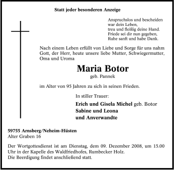 Traueranzeige von Maria Botor von Tageszeitung