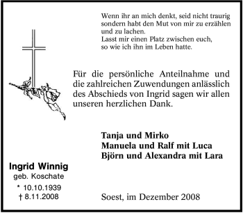 Traueranzeige von Ingrid Winnig von Tageszeitung