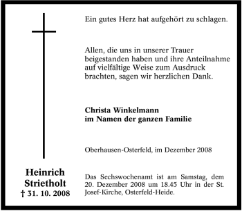 Traueranzeige von Heinrich Strietholt von Tageszeitung